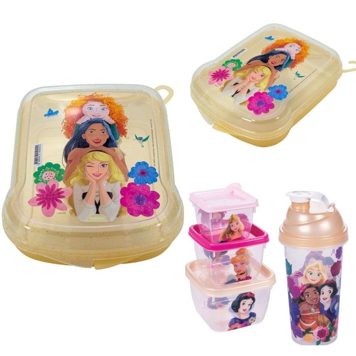 Kit Escolar Infantil Sanduicheira + Garrafa + Shakeira + Kit 3 Potes  - Princesas Disney