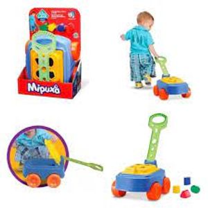 Carrinho infantil de puxar com blocos didático Mipuxa Azul- Cardoso Toys