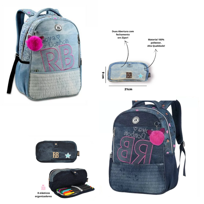 Kit Mochila de Costas Com Pompom + Estojo Rebecca Bonbon Ref RB3165