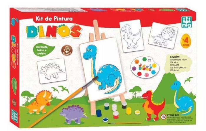 Kit tela de Pintura infantil Dinossauro Madeira Cavalete 45cm Nig