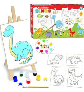 Kit tela de Pintura infantil Dinossauro Madeira Cavalete 45cm Nig