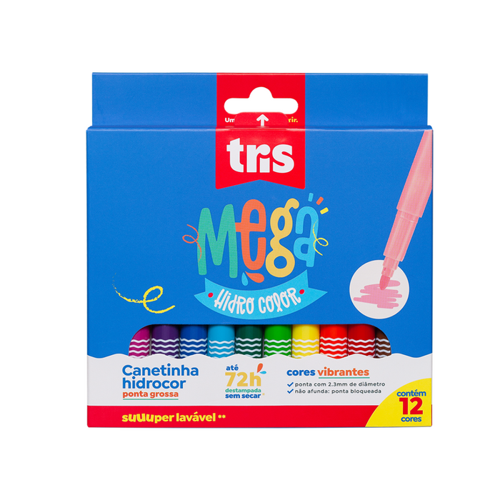 Canetinha Hidrocor Tris Mega Hidro Color Retrátil Cores Vibrantes Com 12 Cores - TRIS