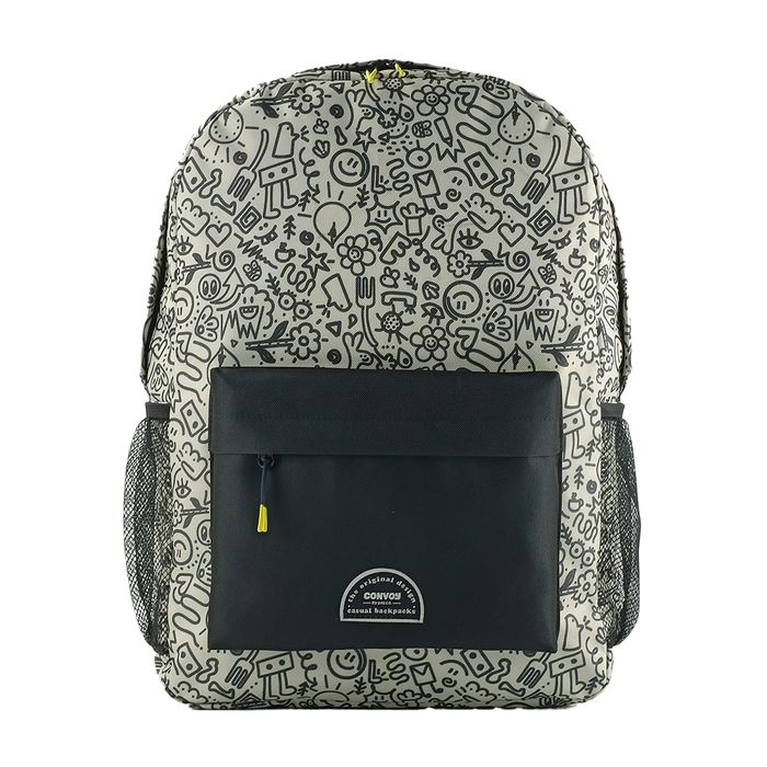 MOCHILA CASUAL DOODLE EM POLIÉSTER PRETO E BRANCO - YS29691 - YIN'S