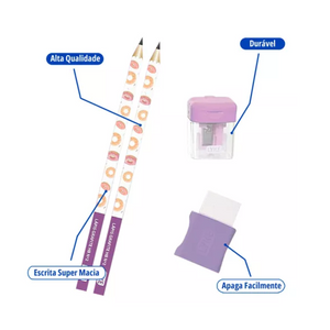 KIT ESCOLAR PASTEL  - 4 UNIDADES (2 LAPIS + APONTADOR + LAPIS ) - LIKE