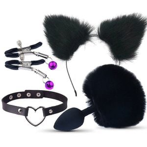 Kit - Rabo De Coelho Com Tiara De Orelhas - Grampos Para Os Seios Em Metal E Gargantilha 