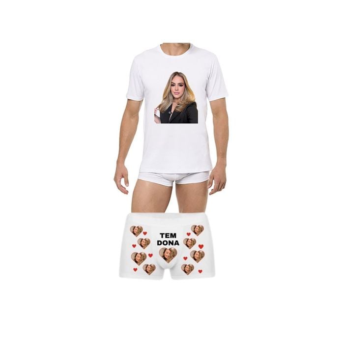 Pijama Conjunto Masculino Personalizado (Cueca Tem Dona + Camiseta) com Foto
