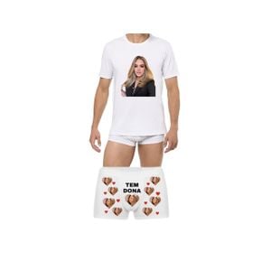 Pijama Conjunto Masculino Personalizado (Cueca Tem Dona + Camiseta) com Foto