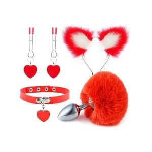 Kit - Plug Pompom, Tiara de Orelhas - Grampos para os seios e Gargantilha