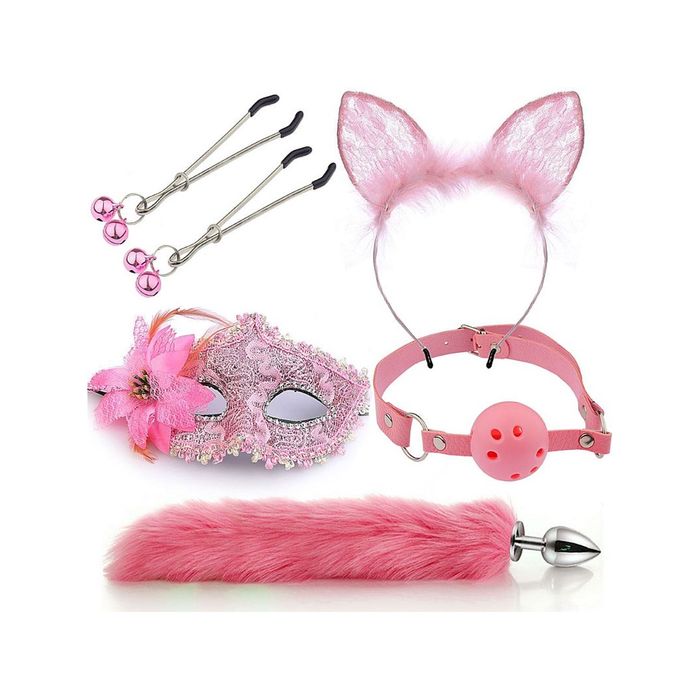 Kit Plug Rabo de Raposa, Tiara de Orelhas, Grampos para os seios e Gargantilha com Mascara