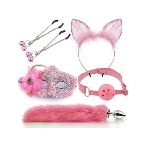 Kit Plug Rabo de Raposa, Tiara de Orelhas, Grampos para os seios e Gargantilha com Mascara