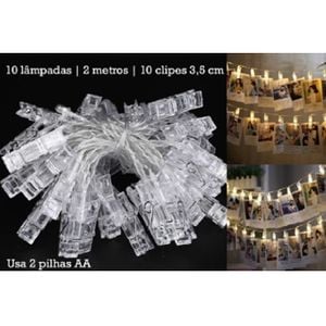 Varal de Led com 10 Prendedores para Fotos (2 metros, 10 Lâmpadas, 10 Clipes)