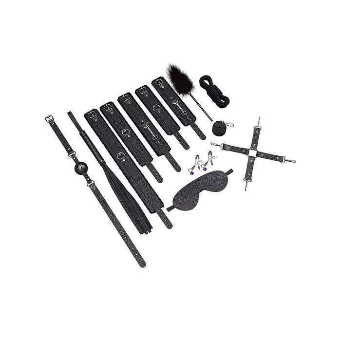 Kit com 10 Sado (mordaça, algema, coleira, venda, tornozeleira, chicote, corda, grampo)