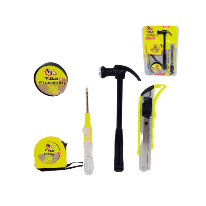 Conjunto Kit Ferramentas 5 Peças (trena, martelo, fita isolante, chave, estilete)