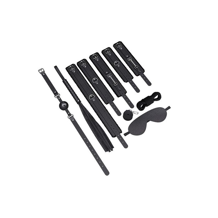 Kit com 7 Sado (mordaça, venda, algema, tornozeleira, coleira, chicote, corda)