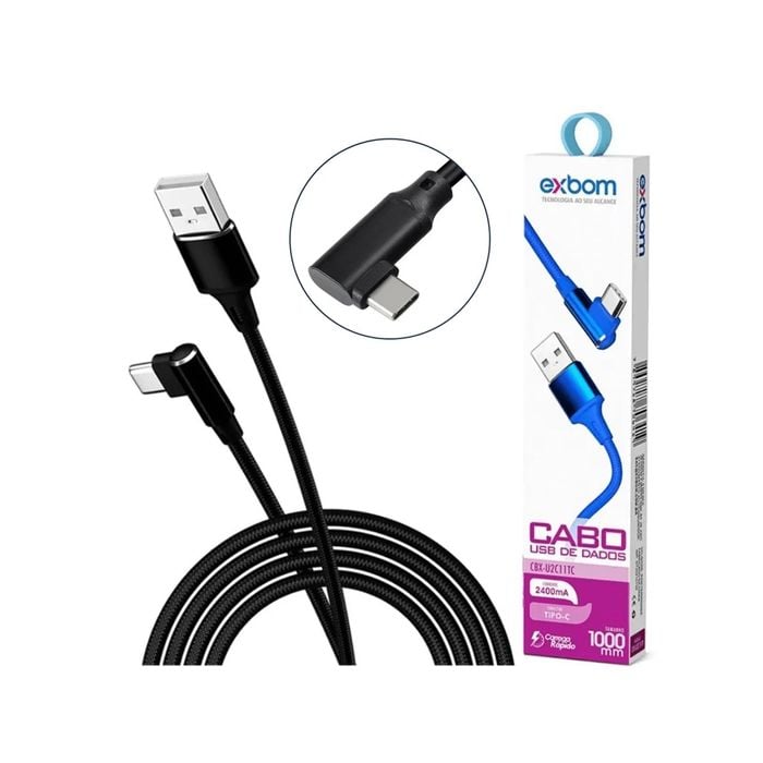 Cabo Tipo C 90° Curvo 2.4A, 1 Metro Turbo para Dados e Carregamento