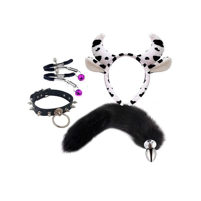 Kit Vaquinha - Plug Raposa, Tiara de Orelhas, Grampos para os Seios e Gargantilha