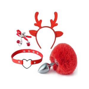 Kit Plug Pompom, Tiara de Orelhas, Grampos para os Seios e Gargantilha0,123