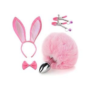 Kit Coelha - Plug Pompom, Tiara Coelha, Grampos para os Seios e Laço