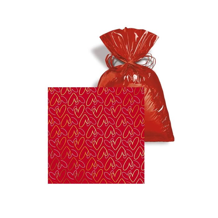 50 Saco para Presente Metal Fascínio Vermelho / Ouro (coração) 15x22cm