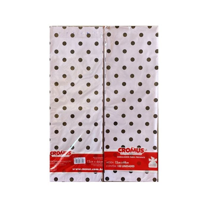100 Sacos de Presente Branco com Bolinhas Pretas 15 x 44cm