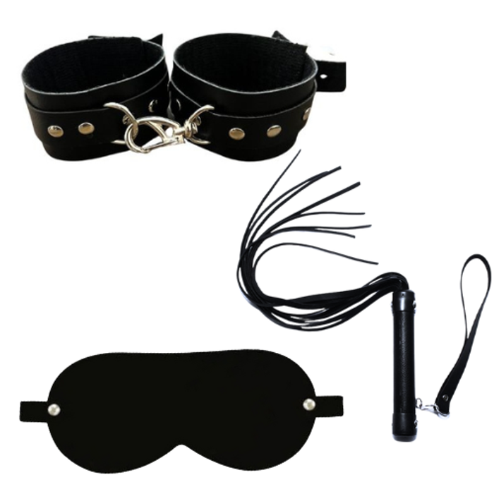 Kit Escrava em Couro (algema, chicote e venda)
