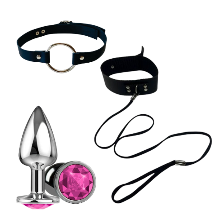 Kit Cachorrinha (coleira com guia, mordaça argola e plug anal)