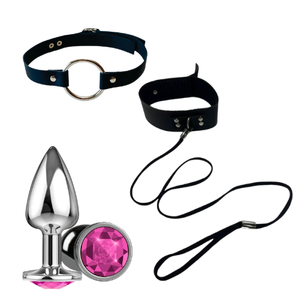 Kit Cachorrinha (coleira com guia, mordaça argola e plug anal)