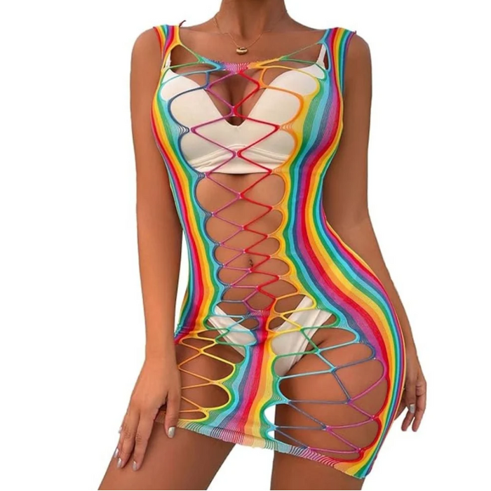 Vestido Arrastão Rede Rainbow Curto Com Detalhes Vazados