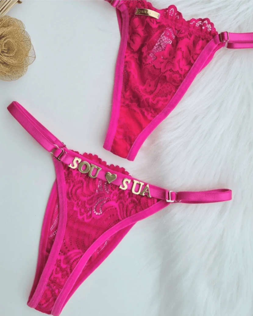 Calcinha em Renda Pink com Frase Personalizada