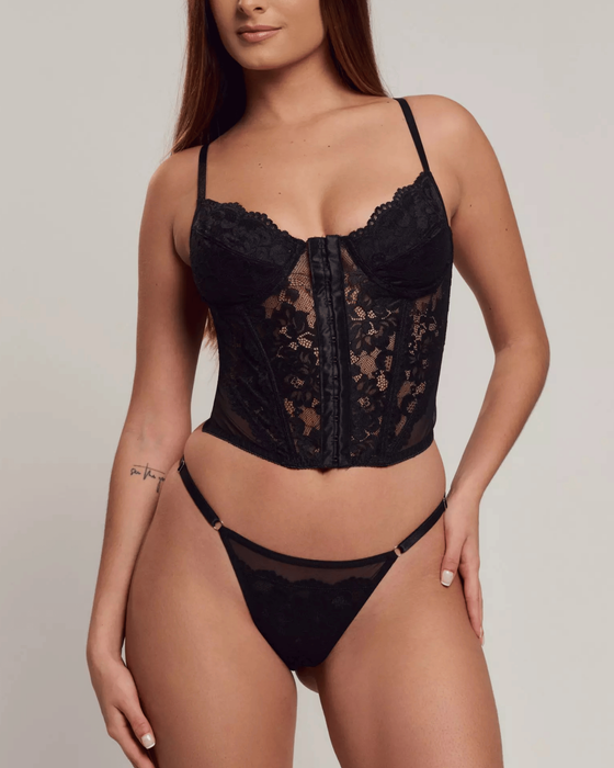 Conjunto Corselet Joana em Renda e Tule com Calcinha Regulável - Preto