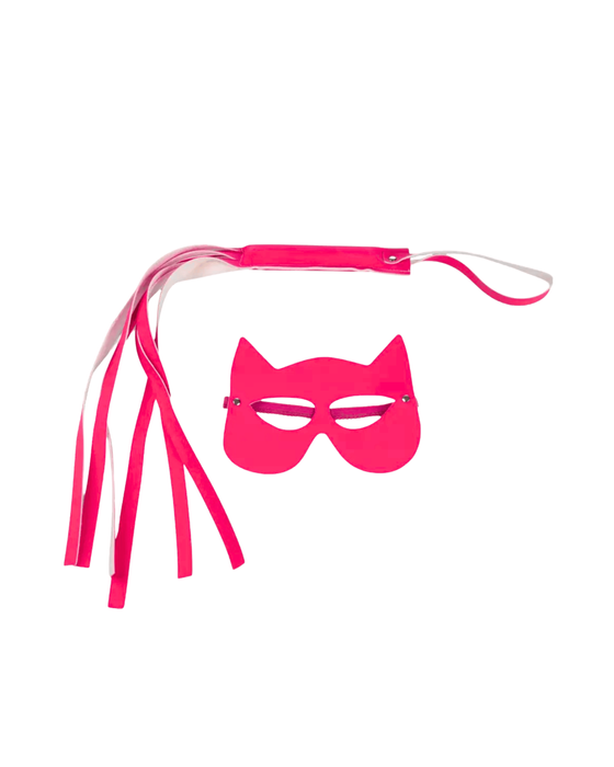 Kit Luxo Máscara Mulher Gato + Chicote de Tiras – Fetiche, Mistério e Sedução - Rosa
