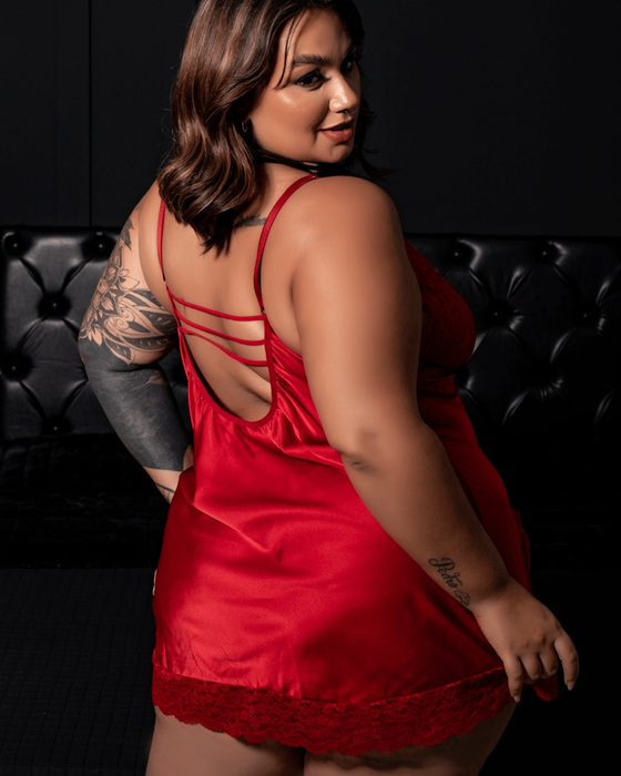 Camisola + Calcinha Renda em Cetim e Renda | Plus Size - Vermelho