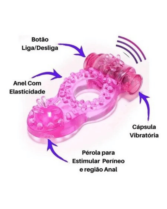 Anel Peniano com Vibração Dupla e Estimulação Anal - Transparente